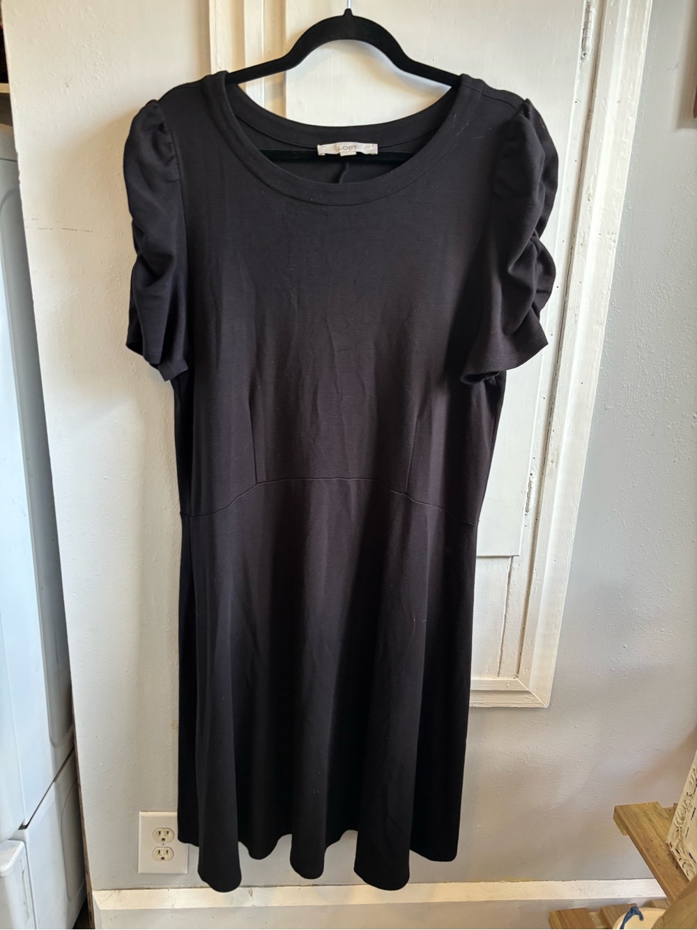 LOFT Black Short Puff-Sleeve Fit-and-Flare Dress